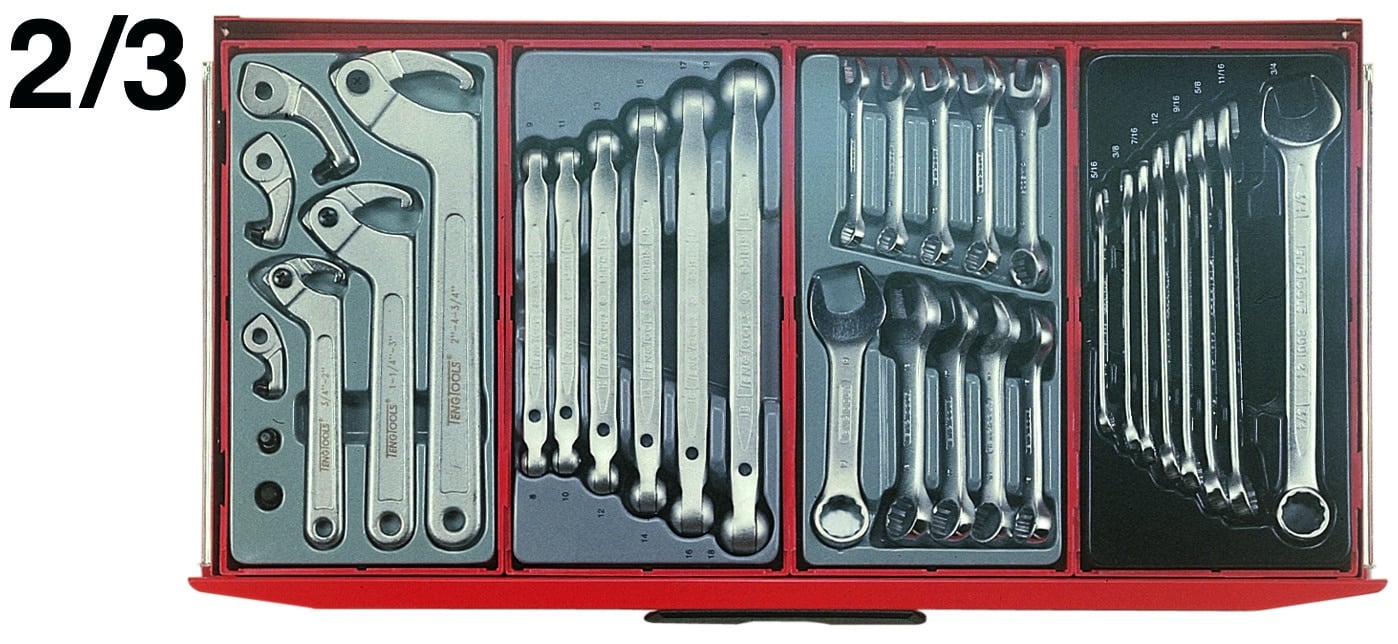 Comprehensive tool set featuring various wrenches and adjustable spanners arranged neatly in a red storage case.