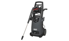 Sealey high-pressure washer featuring a compact design, integrated hose reel, and adjustable nozzle for effective cleaning tasks.
