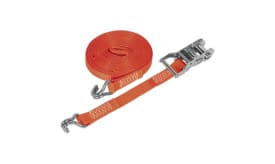 Heavy-duty orange ratchet strap with metal hooks for secure fastening, 5 metres long, ideal for cargo and load securing.