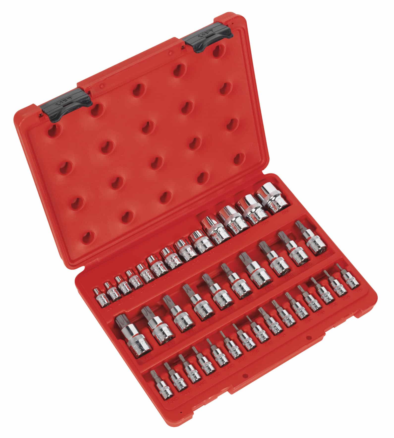 Comprehensive socket set featuring various sizes of chrome vanadium sockets in a red storage case, ideal for automotive and mechanical tasks.