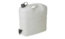 10-litre plastic water storage container with a tap and handle, suitable for various liquids and easy to carry.