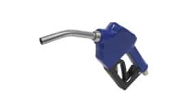 Blue fuel pump nozzle with a metallic spout, designed for dispensing fuel at petrol stations, featuring a trigger mechanism.