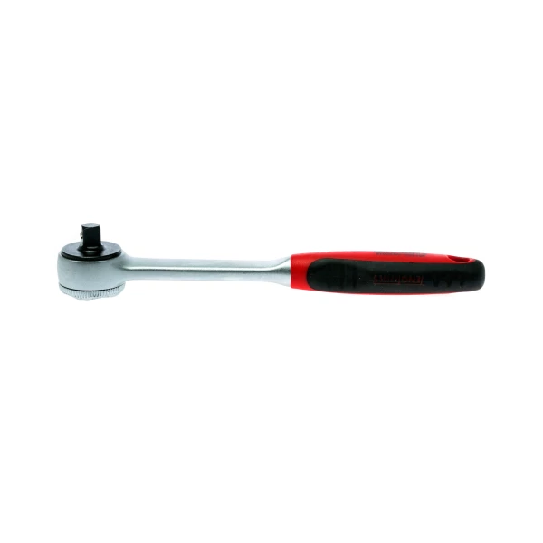 Adjustable ratchet wrench featuring a durable design and a comfortable red rubber handle for improved grip and control.