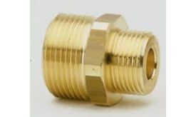 Brass pipe connector with male threads for plumbing applications, durable and corrosion-resistant, suitable for various fittings.