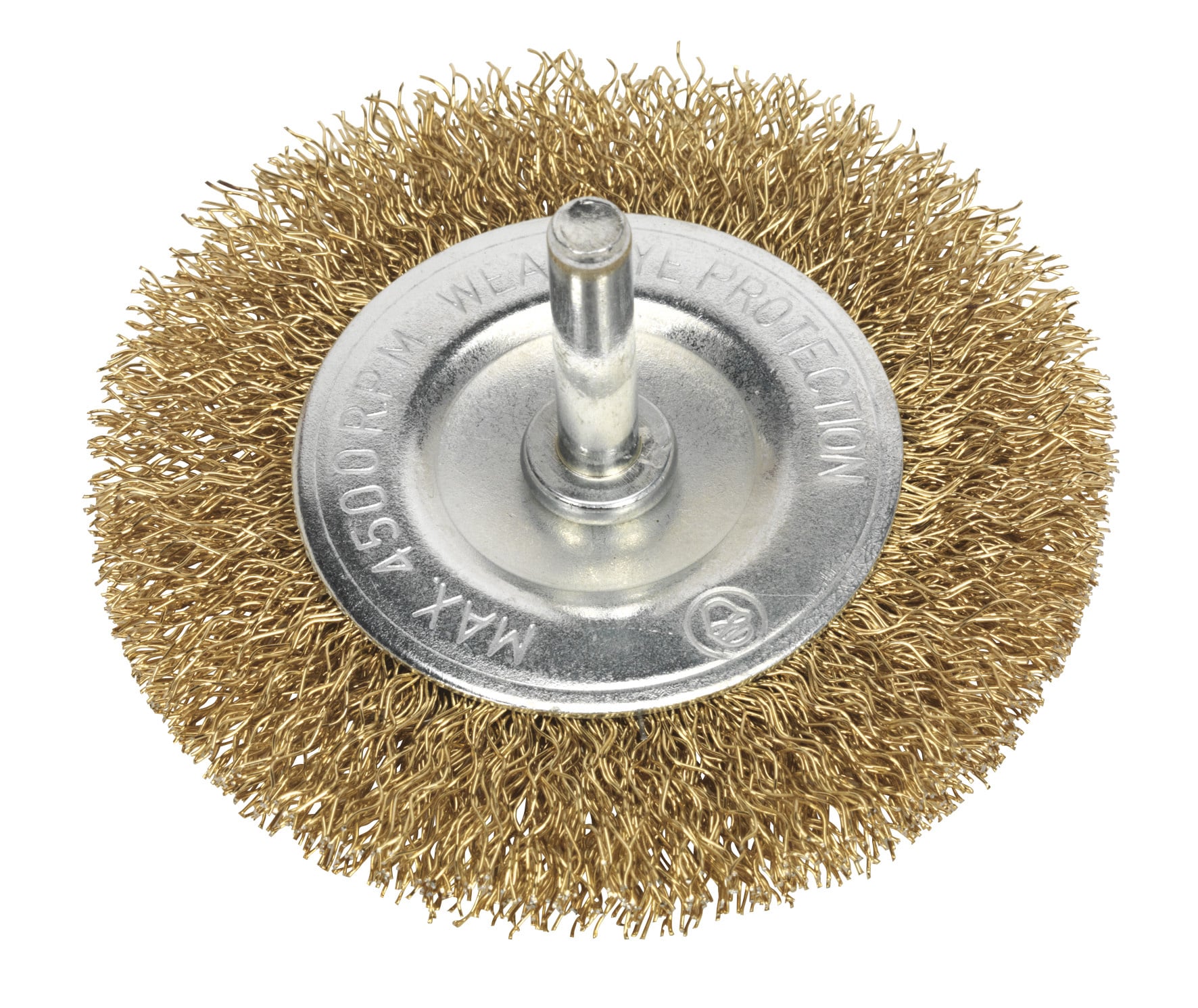 Brass wire wheel brush designed for power tools, featuring a central mounting hub and fine brass bristles for effective cleaning.