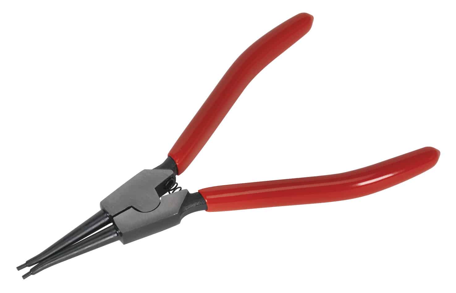 Precision circlip pliers featuring red rubber handles and three interchangeable tips for versatile use in mechanical tasks.