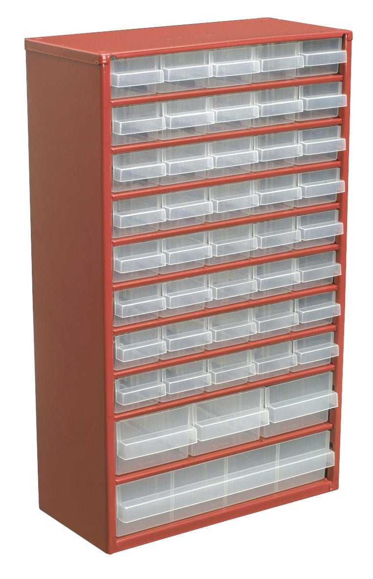 Red storage cabinet featuring multiple clear plastic drawers for organisation and storage solutions in various settings.