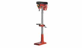 Red electric drill press machine with adjustable height and sturdy base for precision drilling tasks.