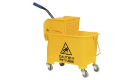 Yellow wet floor cleaning trolley with caution sign, featuring a wringer and wheels for easy mobility in cleaning tasks.