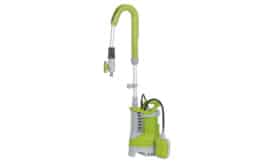 Green submersible water pump with adjustable hose and float switch for efficient water removal in various applications.