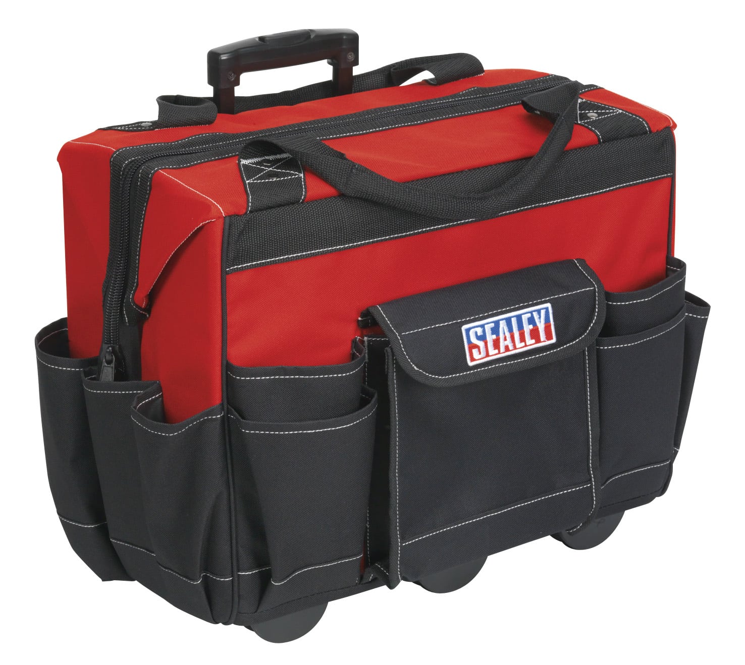 Sealey rolling tool bag with multiple pockets and a retractable handle, designed for easy transport and organisation of tools.