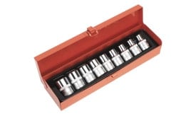 8-piece chrome socket set with storage case, featuring various sizes for versatile applications.