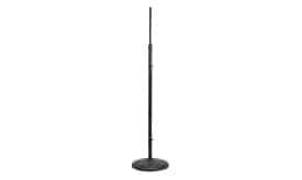 Adjustable microphone stand with a sturdy base, ideal for various audio setups and performances, featuring height adjustment and stability.