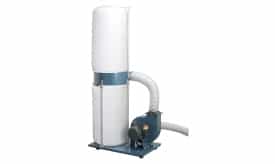 Industrial dust collector with a large filter bag and motor, designed for efficient dust extraction in workshops and factories.