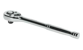 Chrome ratchet wrench tool with a polished finish, featuring a rotating mechanism for easy use in various applications.