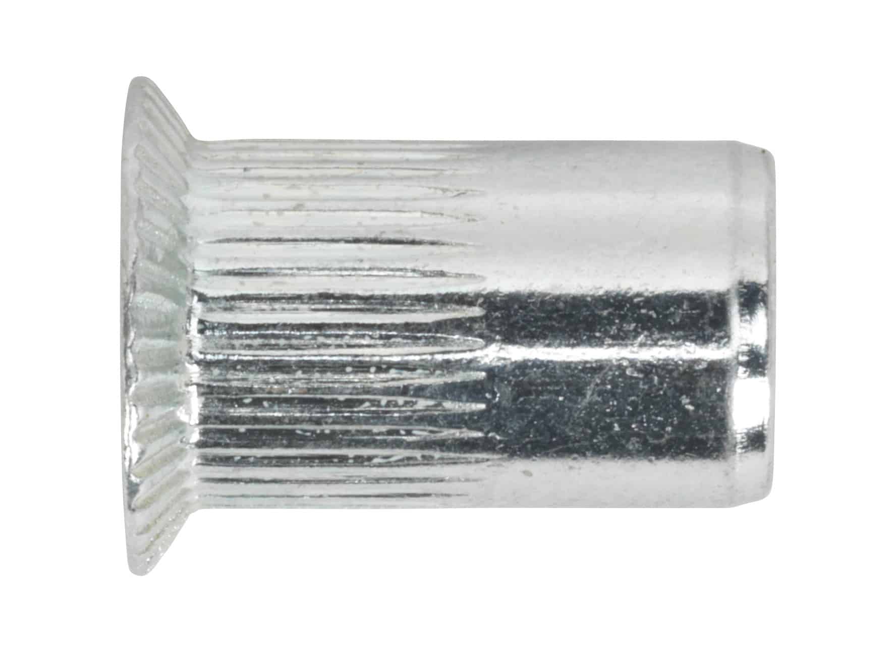 Metallic rivet fastener with a cylindrical shape and flared edge, suitable for various fastening applications.