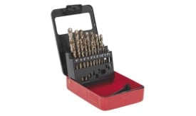 Gold-tipped drill bit set in a red storage case, featuring various sizes for versatile drilling tasks.
