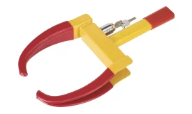 Yellow and red claw grabber tool with a locking mechanism, designed for picking up objects easily and efficiently.