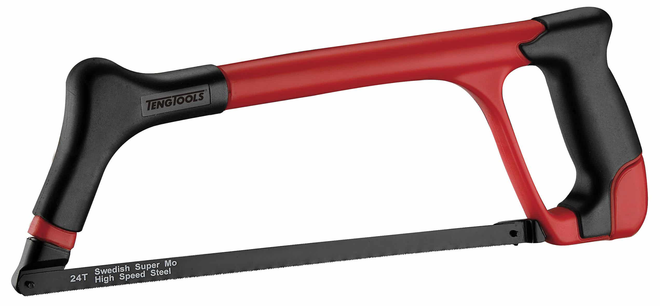 Teng Tools 24T hacksaw featuring a black and red handle, designed for cutting various materials with high-speed steel blade.