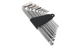 A comprehensive hex key set featuring various sizes, securely held in a black holder, ideal for mechanical and DIY tasks.