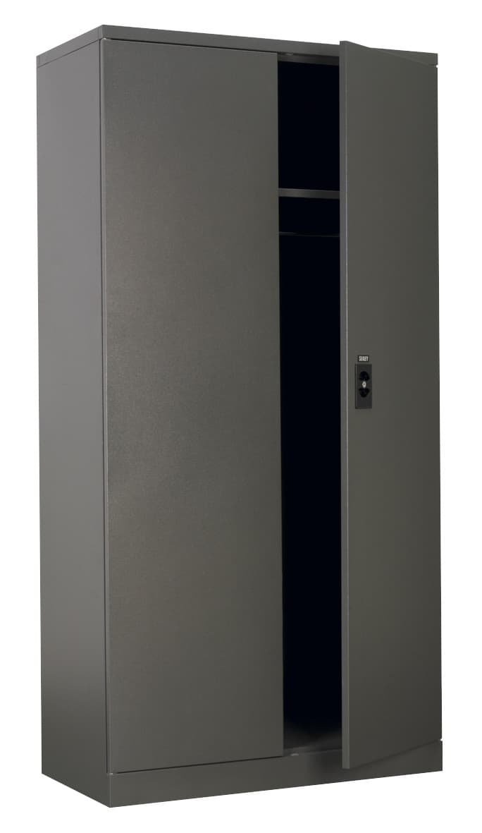 Durable steel storage cabinet featuring a single door and a secure locking mechanism, ideal for organising various items.