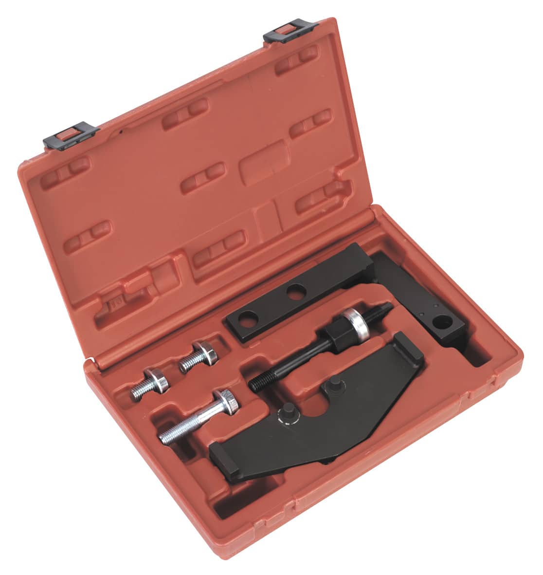 Universal puller tool set in a red case, featuring various components for mechanical applications, including pullers and bolts.
