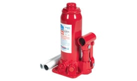 Red hydraulic bottle jack model S3.3V2 with a lifting capacity, designed for automotive and industrial use, featuring a sturdy base and handle.