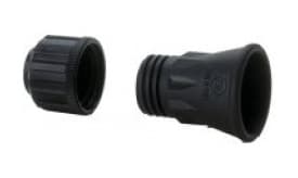 Black rubber hose connectors, featuring a threaded end and a smooth cap, suitable for various plumbing applications.