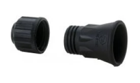 Black rubber hose connectors, featuring a threaded end and a smooth cap, suitable for various plumbing applications.