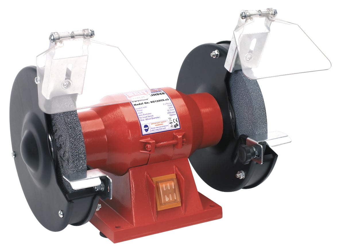 Red bench grinder with protective shields and grinding wheels, suitable for metalworking tasks.