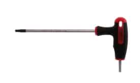 T-handle hex key tool with a black and red grip, featuring a long shaft and hexagonal tip for various fastening tasks.