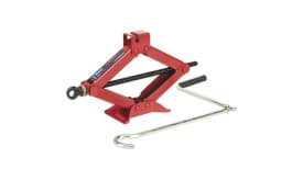 Heavy-duty red car jack with a lifting capacity, includes a handle for easy operation and a sturdy design for vehicle maintenance.