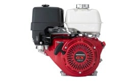 Honda GX160 petrol engine with a black and red design, featuring a fuel tank and air filter, ideal for various machinery applications.