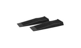 Pair of heavy-duty black vehicle wheel chocks designed for stability and safety during parking, made from durable materials.