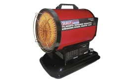Sealey 70,000 BTU infrared paraffin heater, suitable for kerosene and diesel, model IR30-2, 230V power supply.