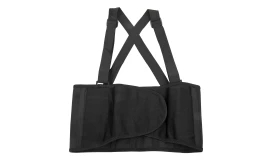 Adjustable black back support brace with straps for posture correction and lumbar support, designed for comfort and stability.