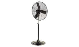 Black pedestal fan featuring three blades, adjustable height, and a sturdy base for efficient air circulation in indoor spaces.