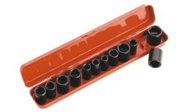 12-piece socket set with various sizes in a red storage case, ideal for automotive and mechanical tasks.