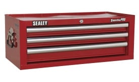 Sealey SuperlinePRO red tool box with three drawers, ideal for storing tools and equipment securely.
