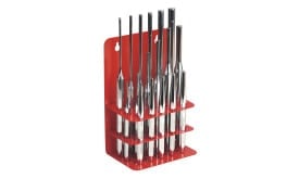 A comprehensive set of metal chisels displayed on a red rack, featuring various sizes and shapes for versatile woodworking tasks.