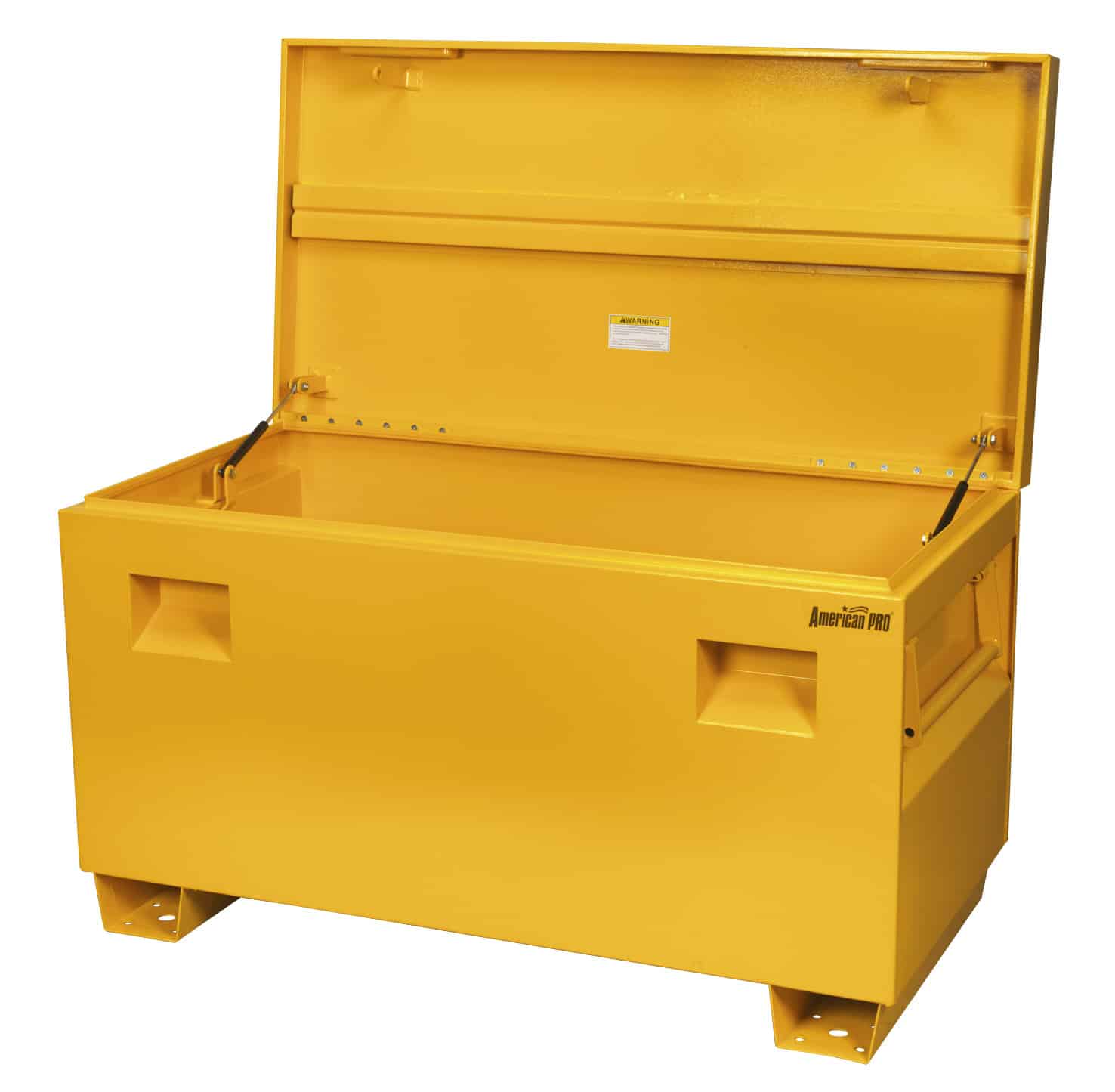 Heavy-duty yellow storage box with a hinged lid, designed for secure storage and easy access, suitable for various applications.