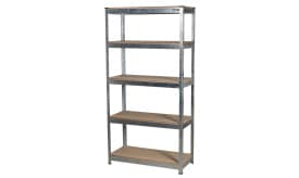Steel shelving unit featuring five sturdy shelves for storage, ideal for organising items in garages, warehouses, or workshops.