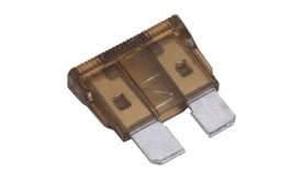 15 amp automotive blade fuse with transparent casing and metal terminals for electrical circuits.