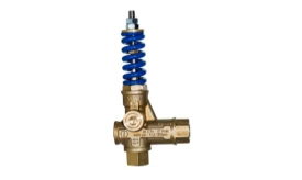 Brass pressure relief valve featuring a blue spring, designed for regulating pressure in various systems, ensuring safety and efficiency.