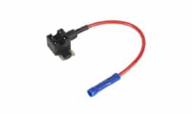Automotive fuse holder with a red wire connector, designed for electrical circuits in vehicles, ensuring secure connections and protection.