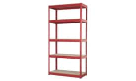 Red metal storage shelf unit with five adjustable shelves for organising items in homes or workplaces, ideal for heavy-duty storage solutions.