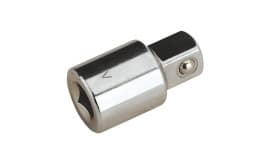 Chrome socket adapter tool with a square drive, designed for connecting sockets to ratchets or extensions, ideal for automotive repairs.