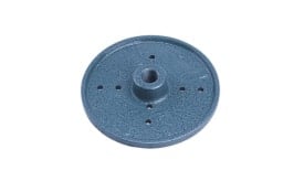 Heavy-duty metal base plate with central hole and multiple drilled holes for secure attachment, ideal for various applications.