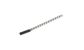 Stainless steel measuring tool with a black handle, designed for precise measurements in various applications.