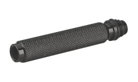 Black knurled metal connector with threaded ends for secure attachment in various applications.